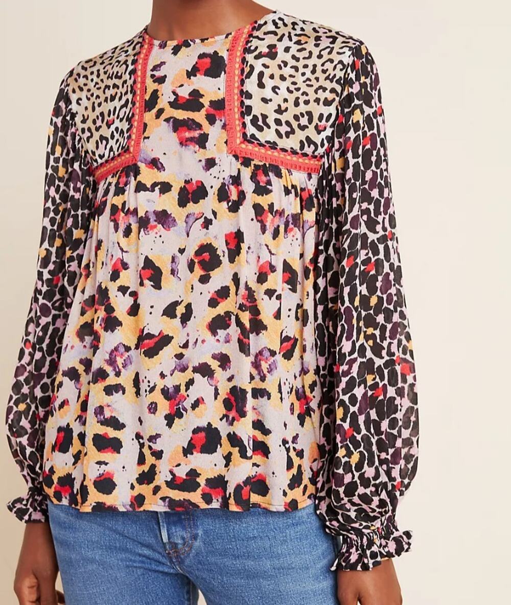 Blank London Anthropologie Joelle Leopard Peasant Blouse Size LARGE Patchwork